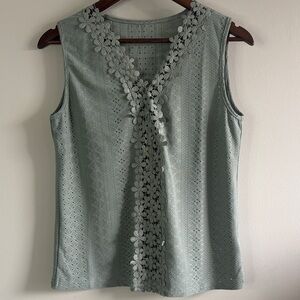 Sage Green Eyelet Lace Blouse Crochet Trim Sleeveless Boho Top M
